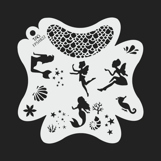 TAG Enchanted Ocean FPSHB22 reusable face painting stencil featuring mermaid and fairy silhouettes, seahorse, seashells, coral, stars, and ocean scale textures with TAG Body Art branding.