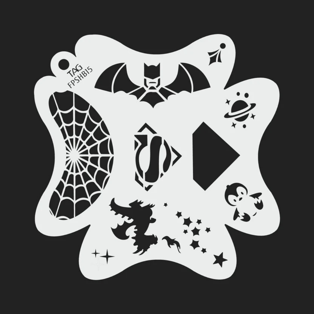 TAG Heroic Universe FPSHB15 reusable face painting stencil featuring superhero-inspired symbols, bat wings, spiderweb, dragon silhouette, stars, and planetary accents with TAG Body Art branding.