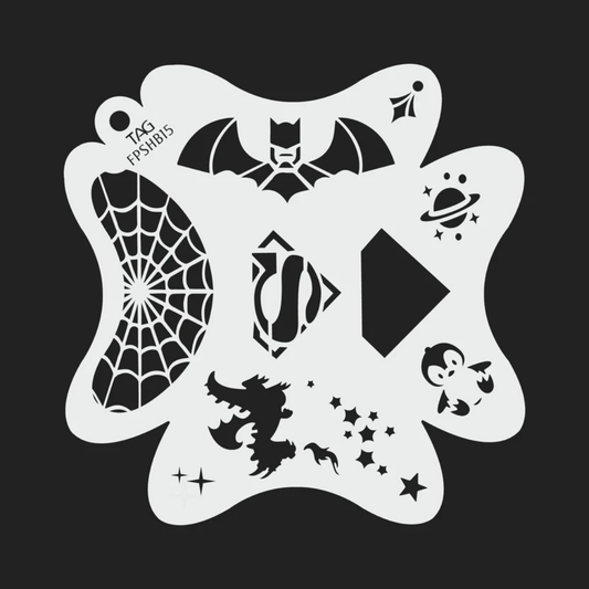 TAG Heroic Universe FPSHB15 reusable face painting stencil featuring superhero-inspired symbols, bat wings, spiderweb, dragon silhouette, stars, and planetary accents with TAG Body Art branding.