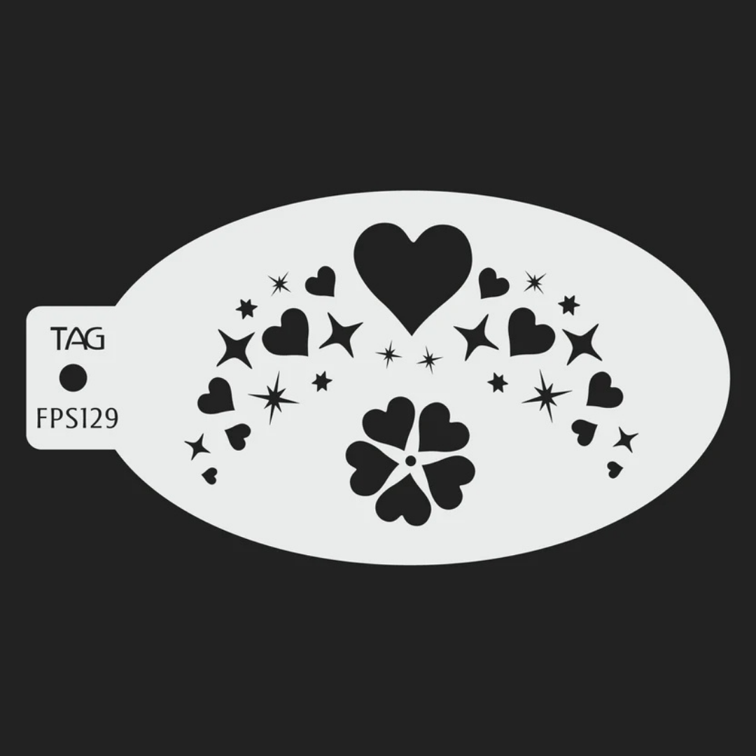 TAG Hearts and Sparkles FPS129 reusable oval face painting stencil featuring assorted hearts, stars, sparkle accents, and a five-petal heart-shaped flower with TAG Body Art branding.