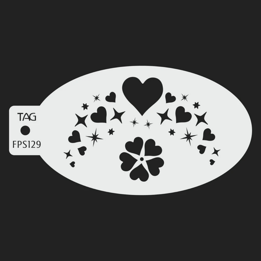 TAG Hearts and Sparkles FPS129 reusable oval face painting stencil featuring assorted hearts, stars, sparkle accents, and a five-petal heart-shaped flower with TAG Body Art branding.