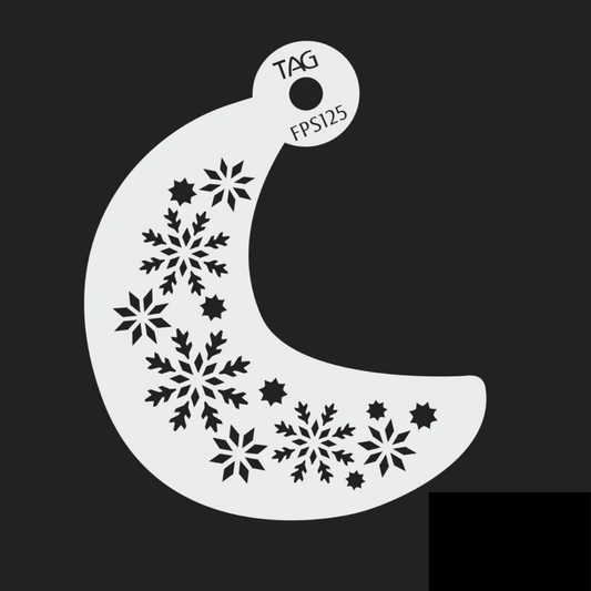 TAG Snowflake Swirl FPS125 reusable crescent-shaped face painting stencil featuring assorted snowflake designs and small stars, with TAG Body Art branding.