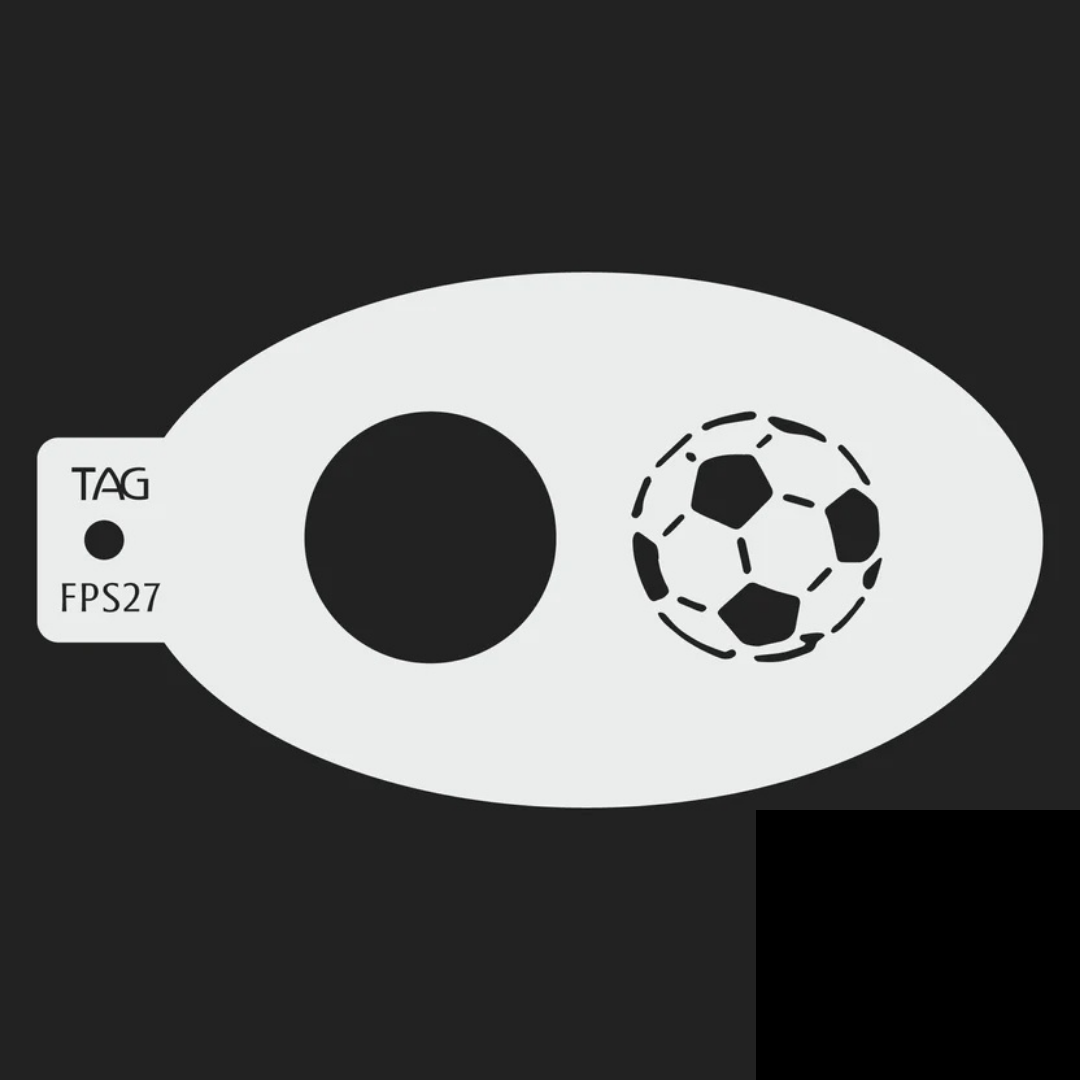 TAG Soccer Balls FPS27 reusable oval face painting stencil featuring a detailed soccer ball pattern and solid circle, with TAG Body Art branding.