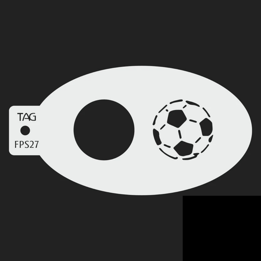 TAG Soccer Balls FPS27 reusable oval face painting stencil featuring a detailed soccer ball pattern and solid circle, with TAG Body Art branding.