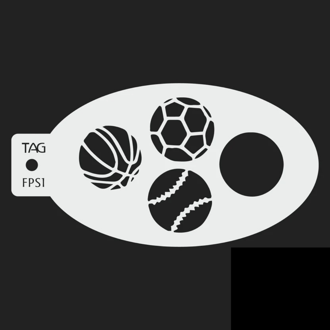 TAG Sports Balls FPS1 reusable oval face painting stencil featuring basketball, soccer ball, baseball, and solid circle patterns with TAG Body Art branding.