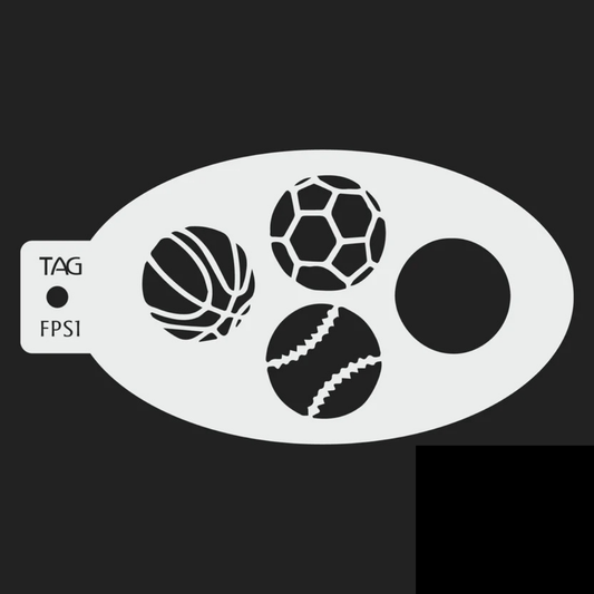TAG Sports Balls FPS1 reusable oval face painting stencil featuring basketball, soccer ball, baseball, and solid circle patterns with TAG Body Art branding.