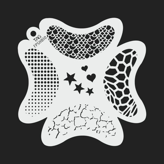 TAG Texture and Twinkle FPSHB10 reusable face painting stencil featuring reptile scales, halftone dots, giraffe-inspired spots, cracked textures, stars, and hearts with TAG Body Art branding.