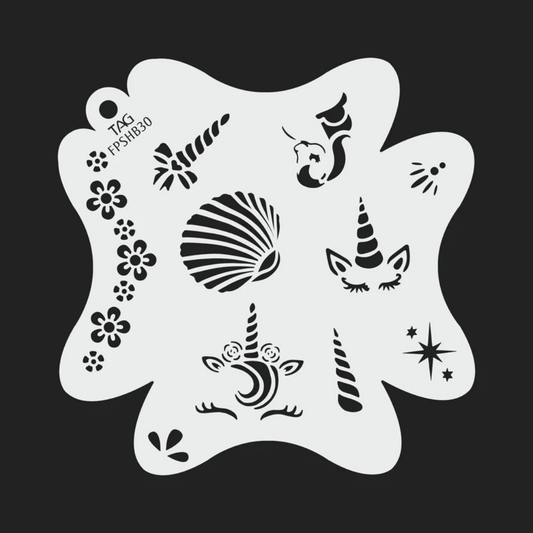 TAG Unicorn Dreams FPSHB30 reusable face painting stencil featuring unicorn horns, ears, eyelashes, flowers, stars, and decorative accents with TAG Body Art branding.