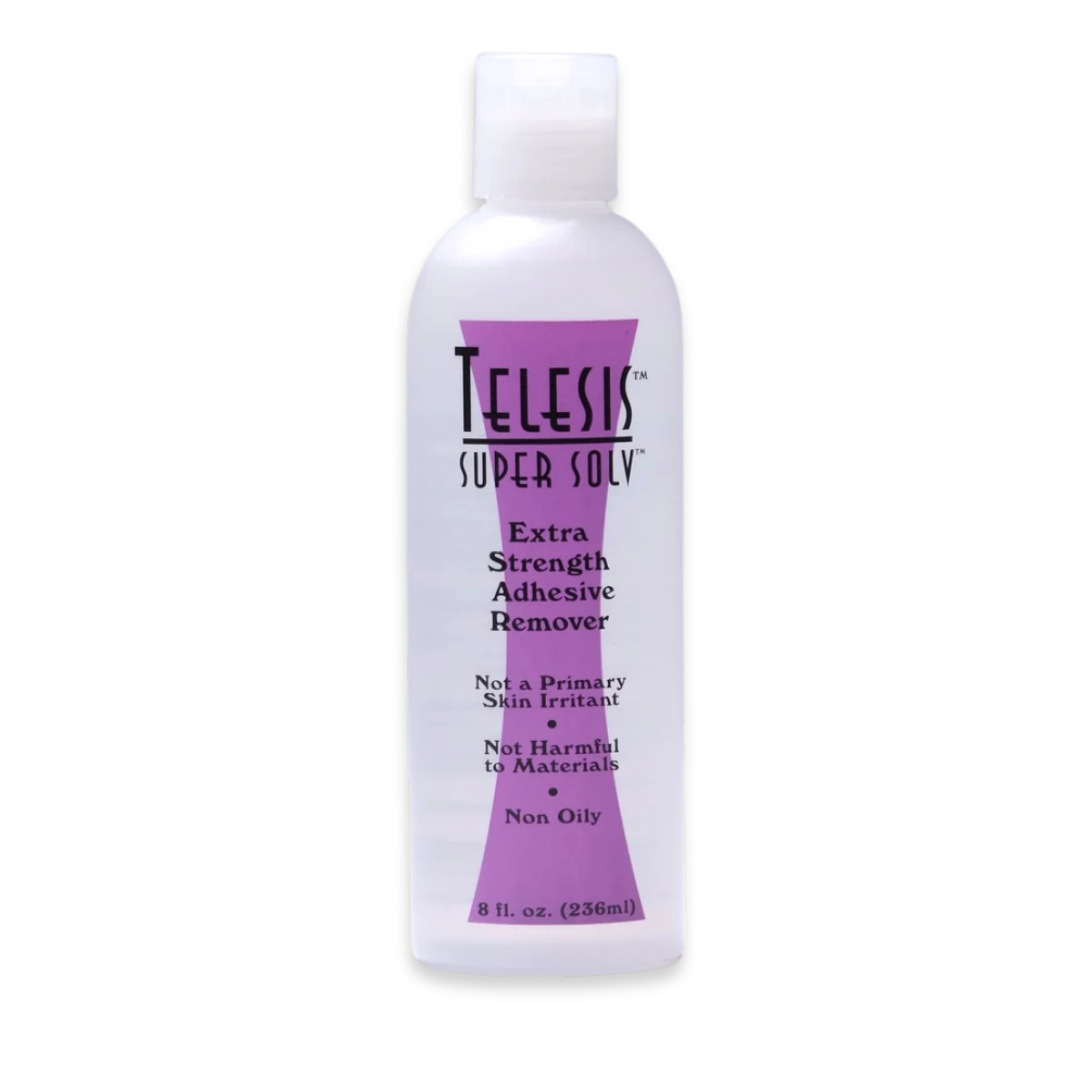 Telesis Super Solv extra-strength professional adhesive and prosthetic remover in white bottle with purple label.