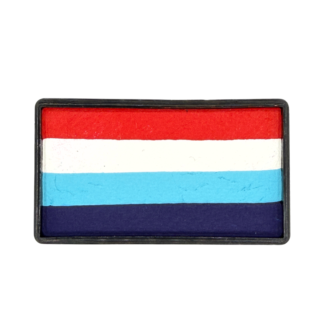 Rectangular one-stroke face paint cake with horizontal stripes of bright red, white, light blue, and deep navy blue inside a black plastic container.