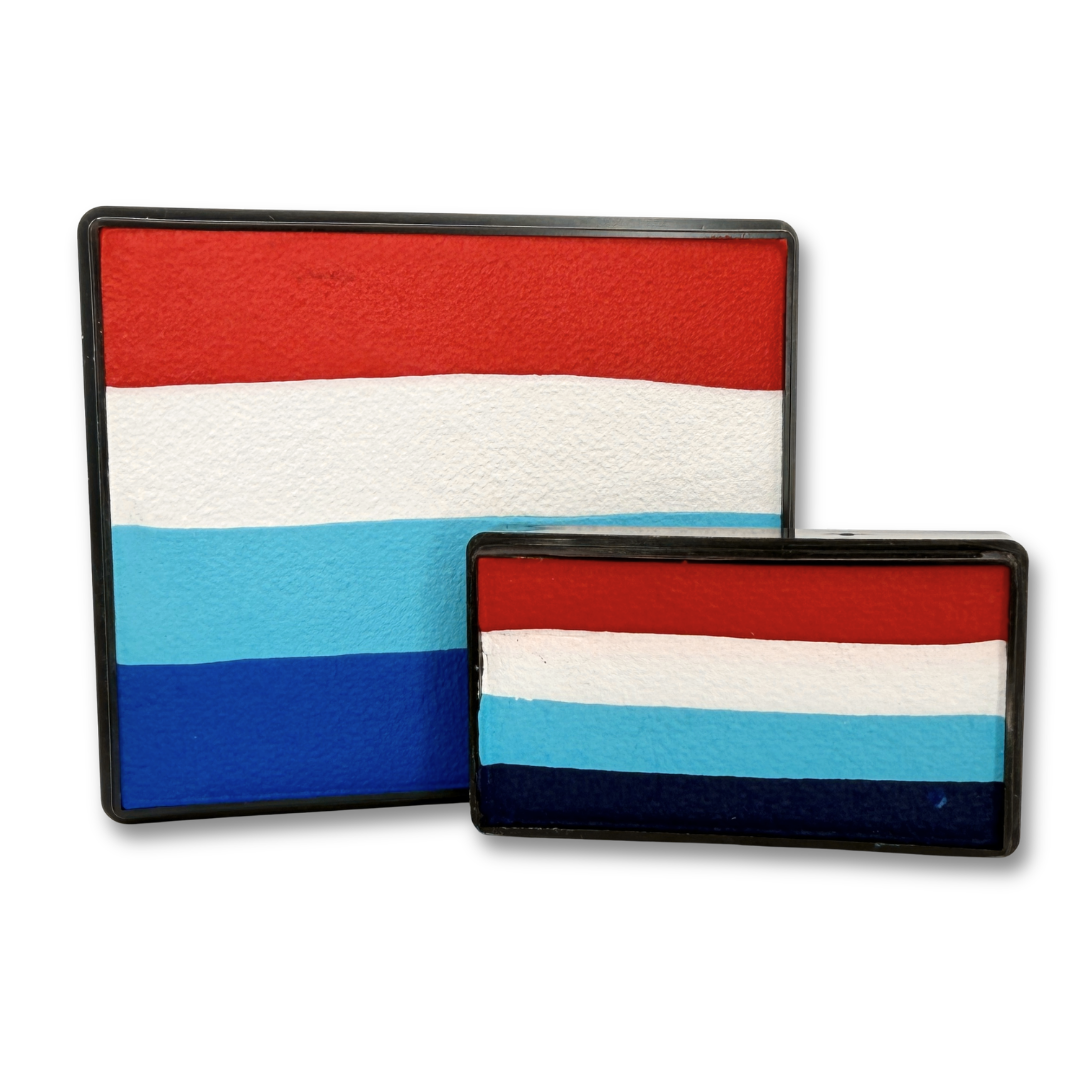 Patriotic Rainbow Cake and 4th of July Arty Cake face paint set featuring layered red, white, light blue and dark blue colors.