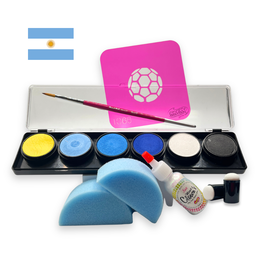 Argentina-themed soccer fan face paint kit featuring a 6-color water activated palette with light blue, blue, yellow, white, and black paints, a pink soccer stencil, professional round brush, two blue face painting sponges, a bottle of Mama Clown glitter, and foam daubers displayed on a white background.