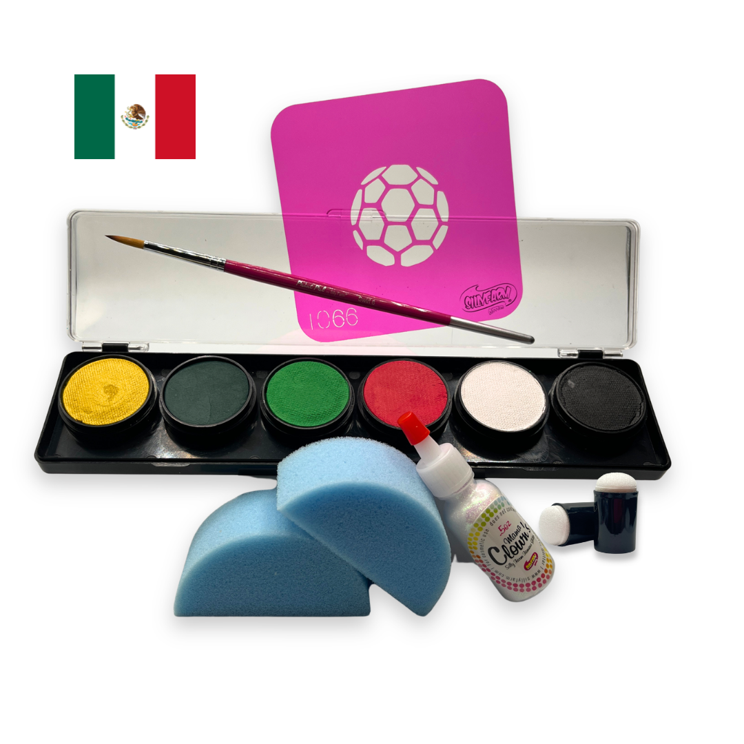 Mexico-themed soccer fan face paint kit featuring a 6-color water activated palette with green, red, white, black, and metallic gold paints, a pink soccer stencil, professional round brush, two blue face painting sponges, a bottle of Mama Clown glitter, and foam daubers displayed on a white background.