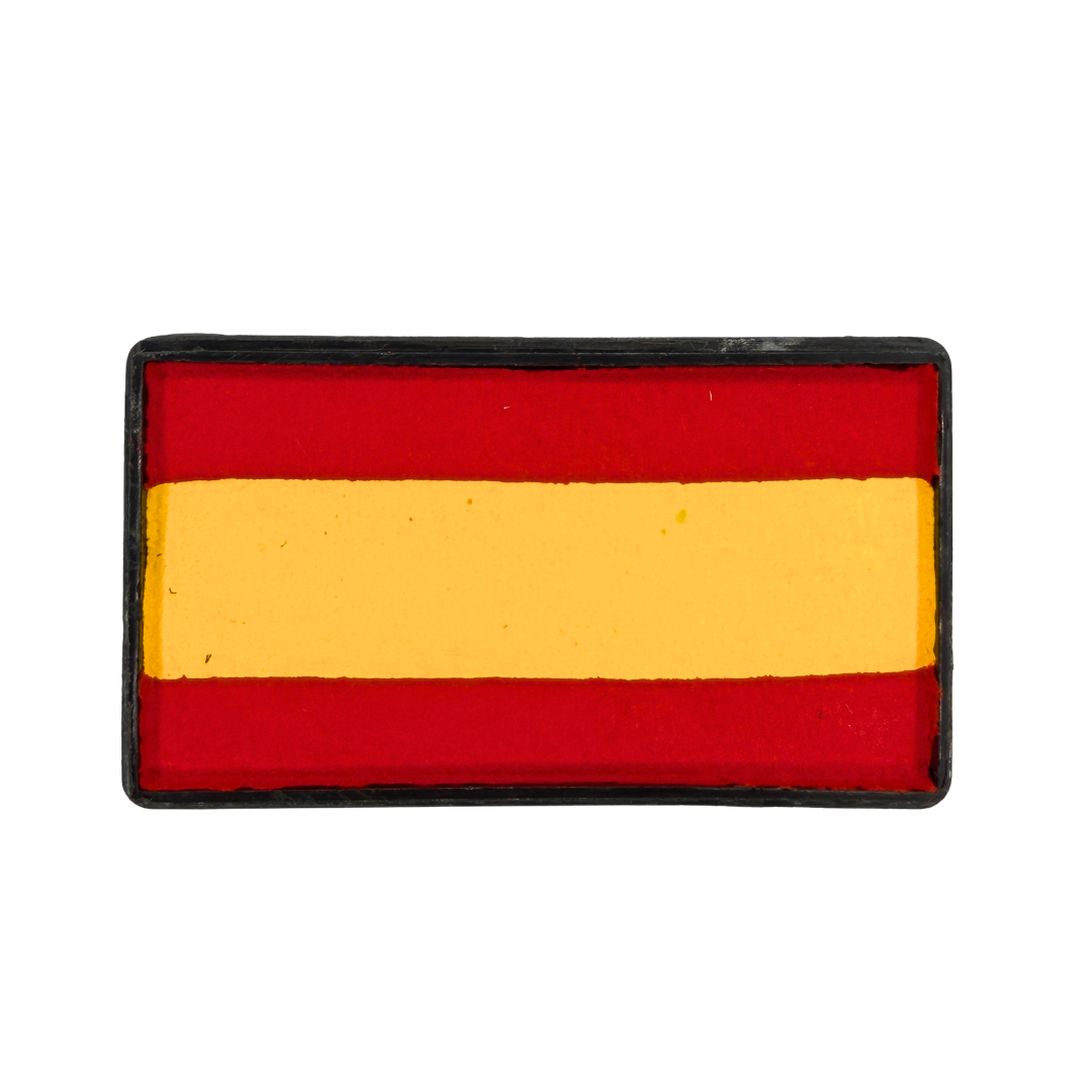 Spain Flag Arty Cake one-stroke face paint featuring red and yellow stripes in a rectangular cake, perfect for Spain soccer fan face paint, cheek flags, La Roja celebrations, fútbol events, and game day makeup.