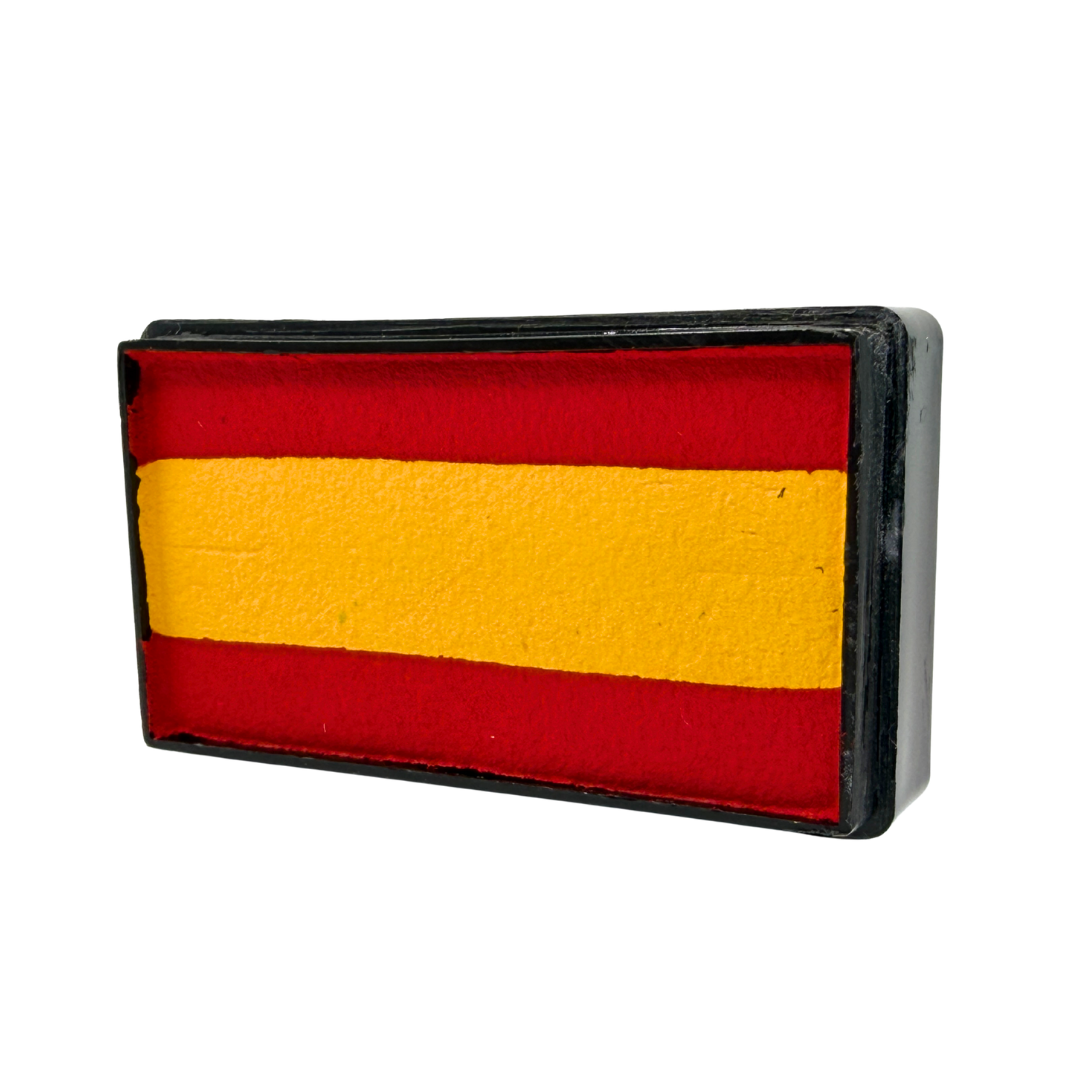 Spain Flag Arty Cake one-stroke face paint featuring red and yellow stripes in a rectangular cake, perfect for Spain soccer fan face paint, cheek flags, La Roja celebrations, fútbol events, and game day makeup.
