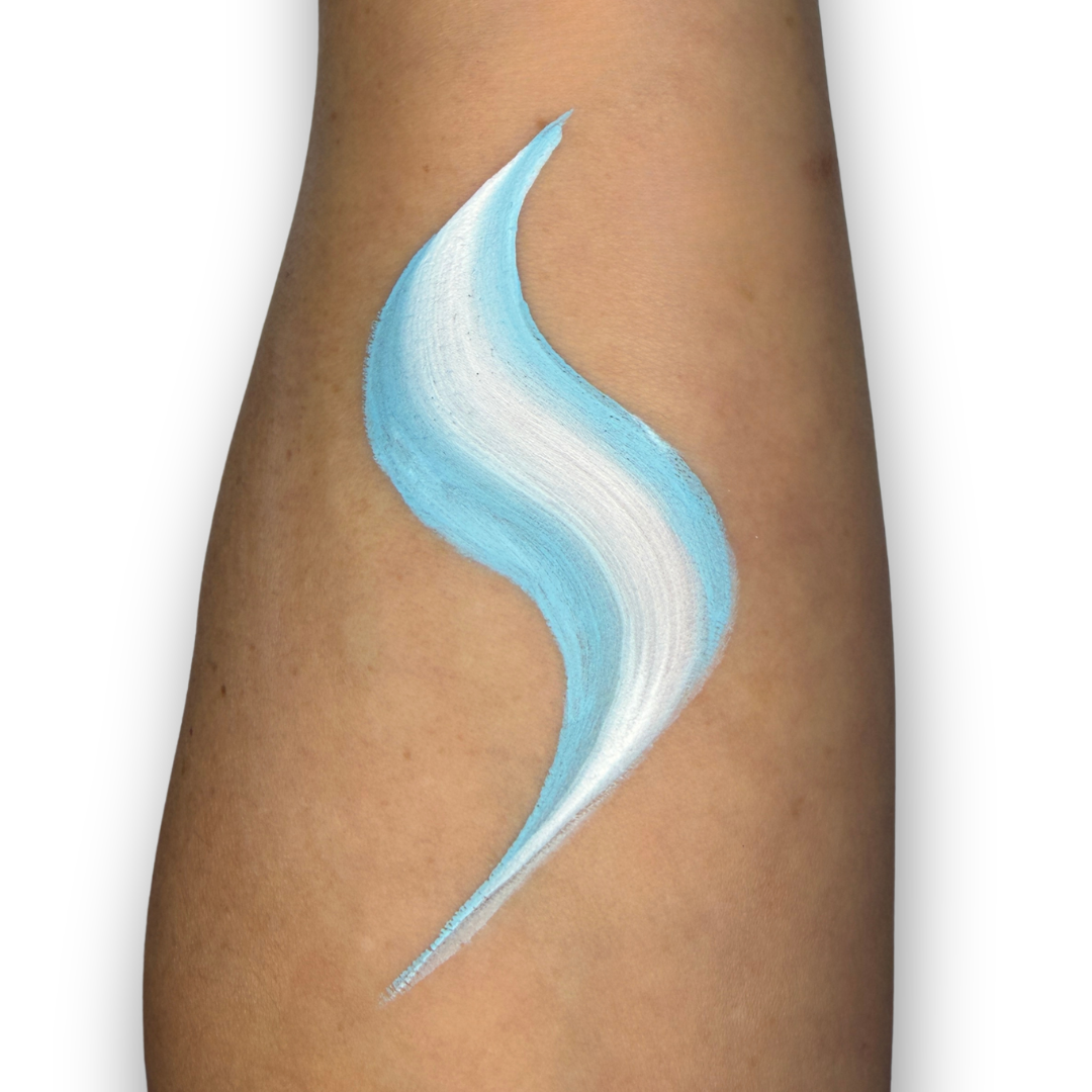 Light blue and white one-stroke face paint swatch with soft blended stripes, inspired by Argentina's national colors for world soccer fan face painting.