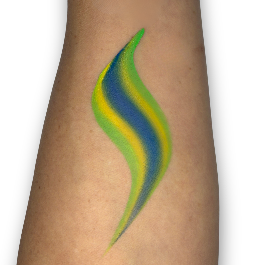 Green, yellow, and blue one-stroke face paint swatch with vibrant blended stripes, inspired by Brazil's national colors for world soccer fan face painting.