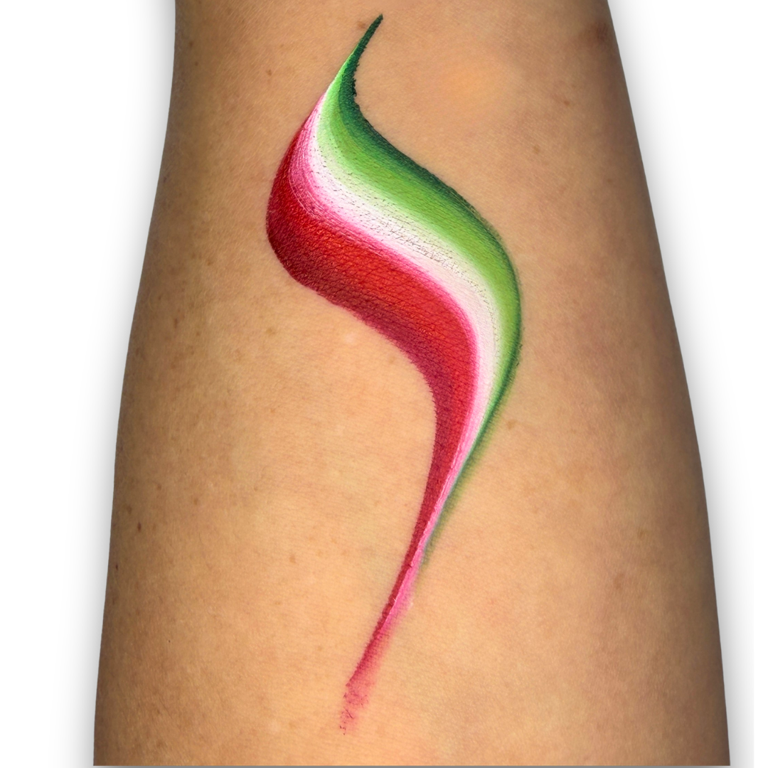 Green, white, and red one-stroke face paint swatch with vibrant blended stripes, inspired by Mexico's national colors for world soccer fan face painting.