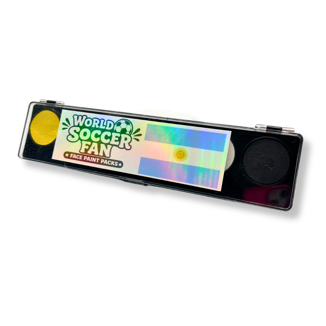 World Soccer Fan face paint kit on a white background with Argentina flag