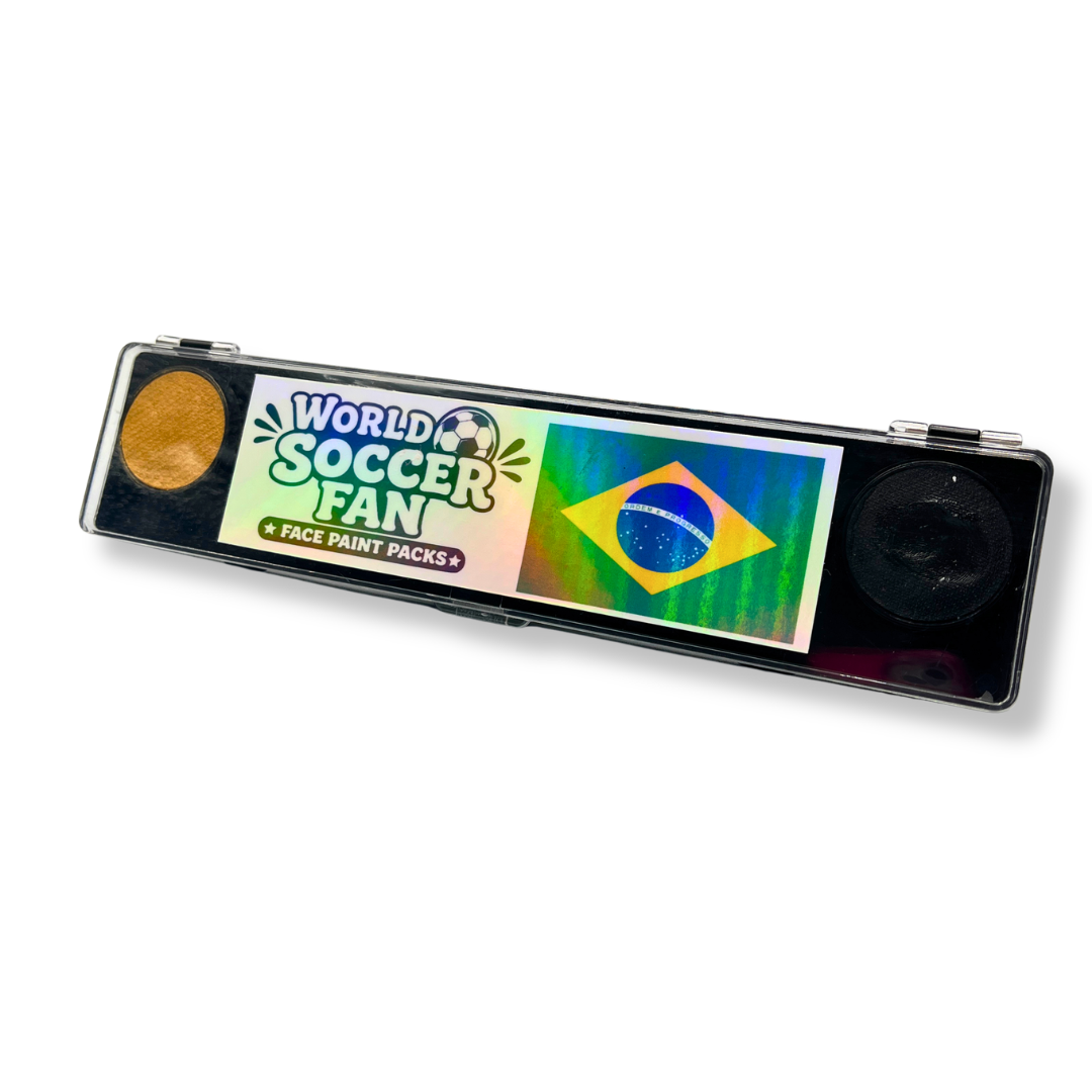 World Soccer Fan face paint packs with Brazilian flag design on a white background