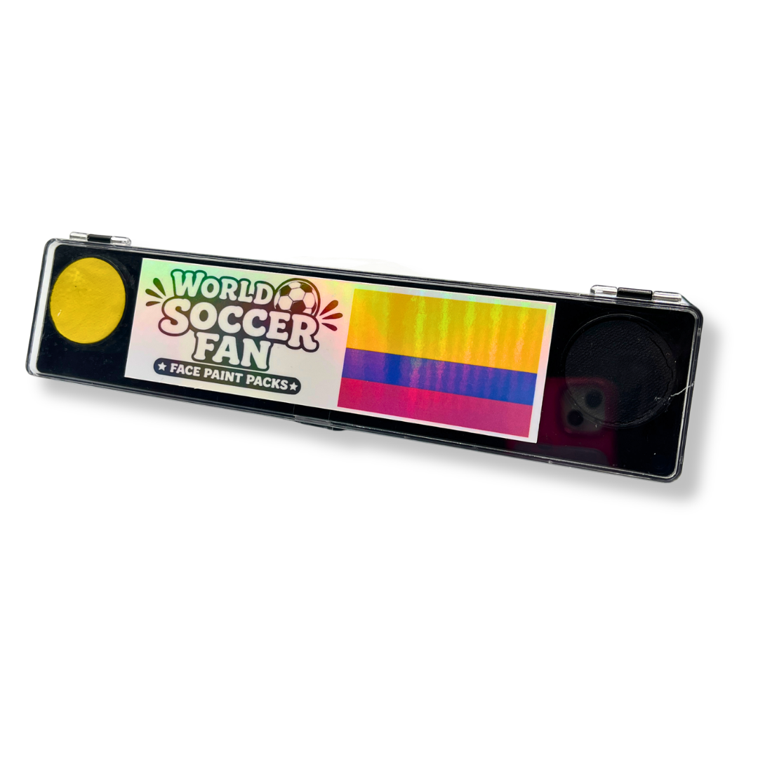 World Soccer Fan face paint packs on a white background with Colombia or Ecuador flag

