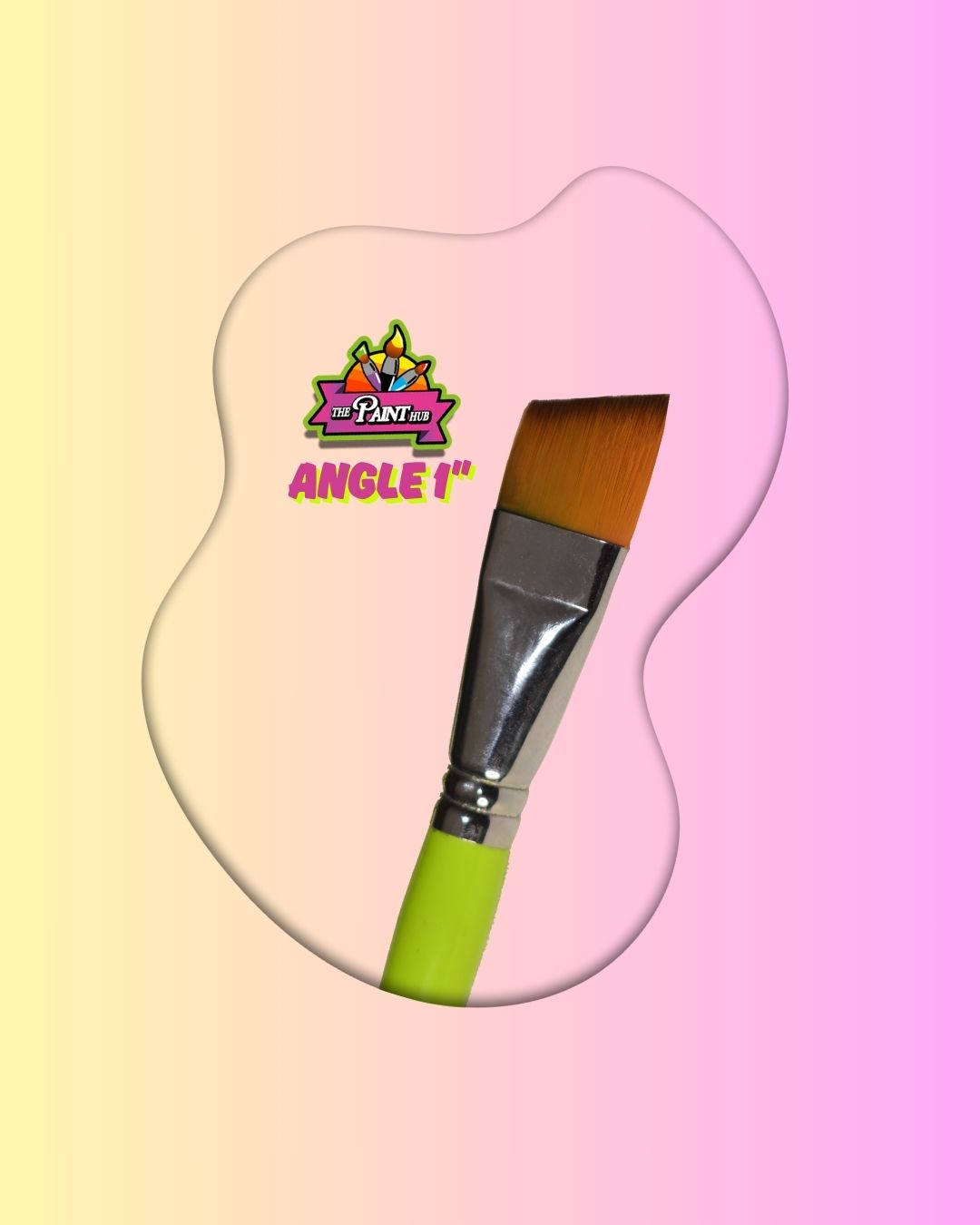 Paint brush with green handle and silver ferrule on a pink and yellow gradient background, featuring a brand logo.