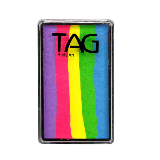 Tag Face Paint one stroke mini fizz container with lid showing a set of striped neon colors purple, pink, yellow, green and blue
