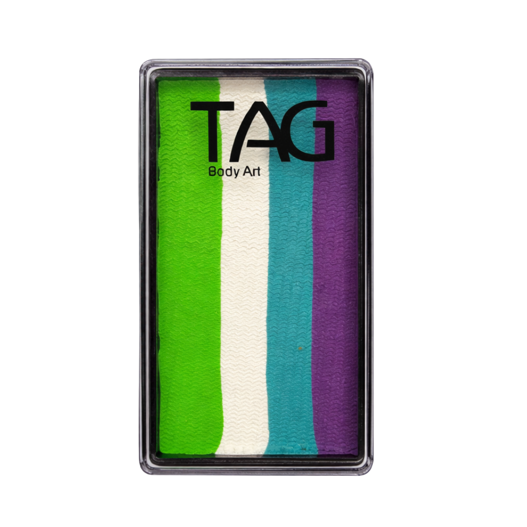 Tag Face paint one stroke sea dragon showing container with lid of striped color combination green, white, teal and purple with the word TAG 