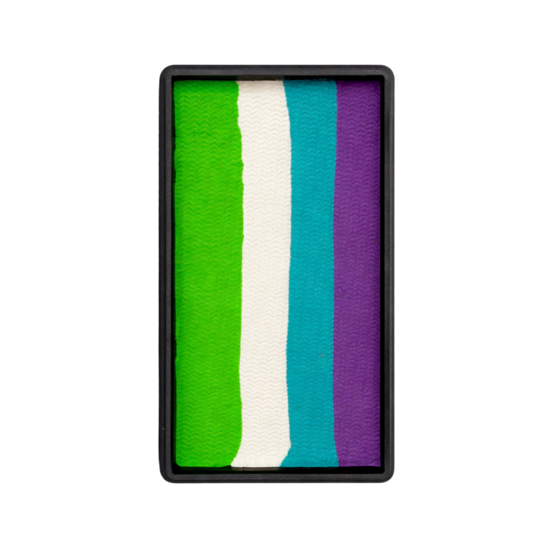 Tag Face paint one stroke sea dragon showing unused container of striped color combination green, white, teal and purple