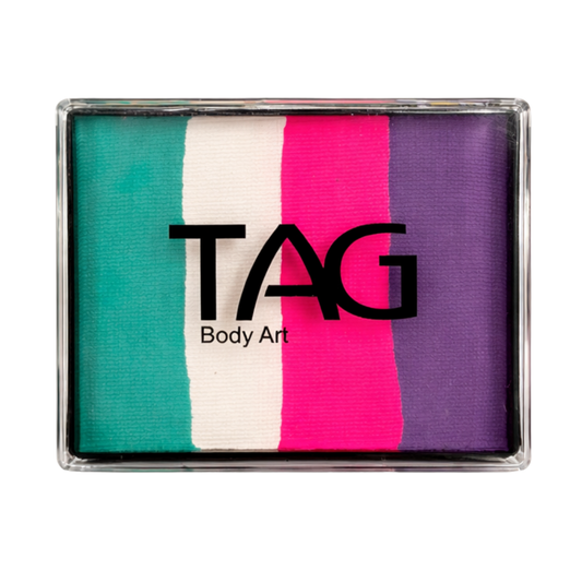 Tag Face Paint Split Cake Bubble Gum with lid showing 4 stripes of colors side by  side Regular Purple, Neon Magenta, Regular White and Regular Teal.