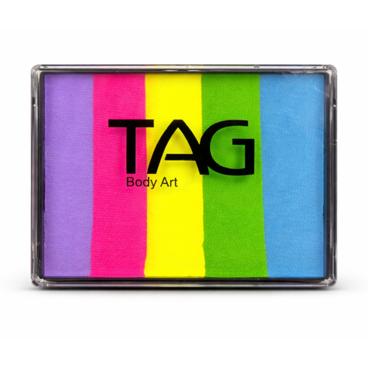 Tag Face Paint split cake with a lid that reads TAG Body Art. Five stripes of color makeup Regular Light Blue, Neon Green, Neon Yellow, Neon Magenta, Regular Lilac