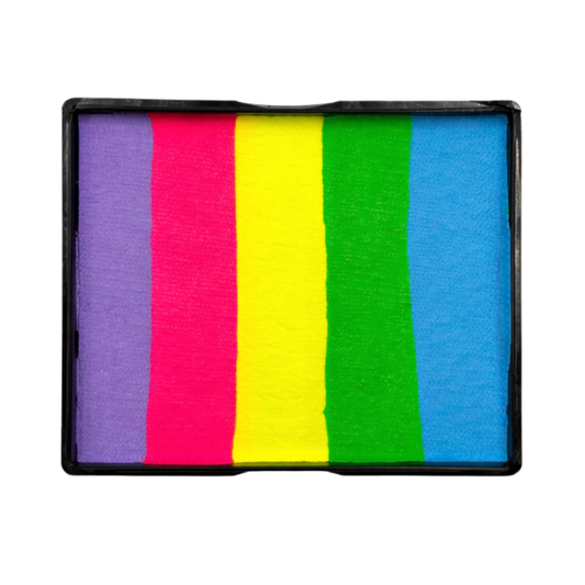 Tag Face Paint split cake showing unused paint. Five stripes of color makeup Regular Light Blue, Neon Green, Neon Yellow, Neon Magenta, Regular Lilac