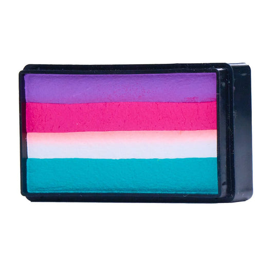 Compact, multi-color face paint cakes for brush application, ideal for vibrant, detailed designs in one stroke.