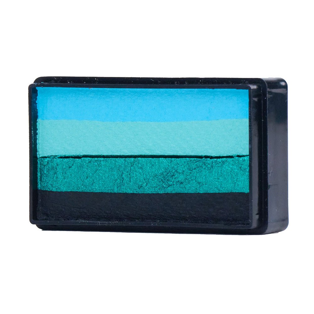 Compact, multi-color face paint cakes for brush application, ideal for vibrant, detailed designs in one stroke.