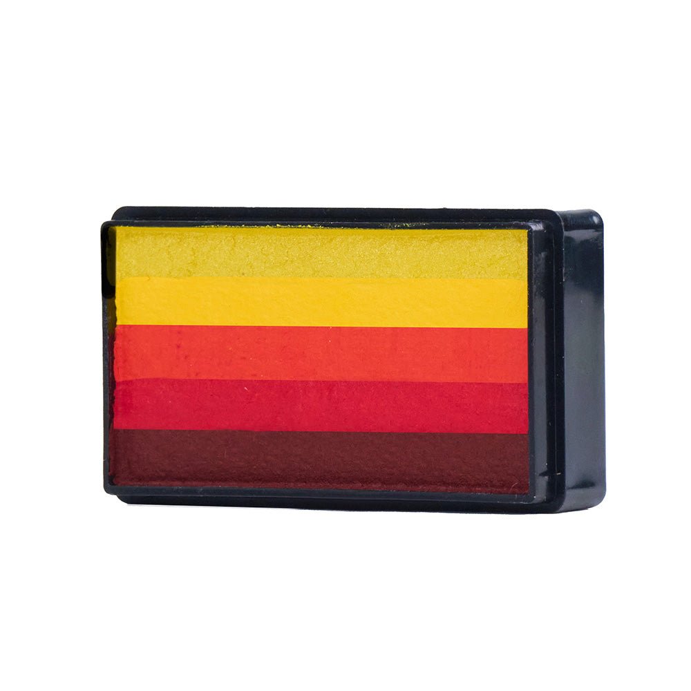 Compact, multi-color face paint cakes for brush application, ideal for vibrant, detailed designs in one stroke.