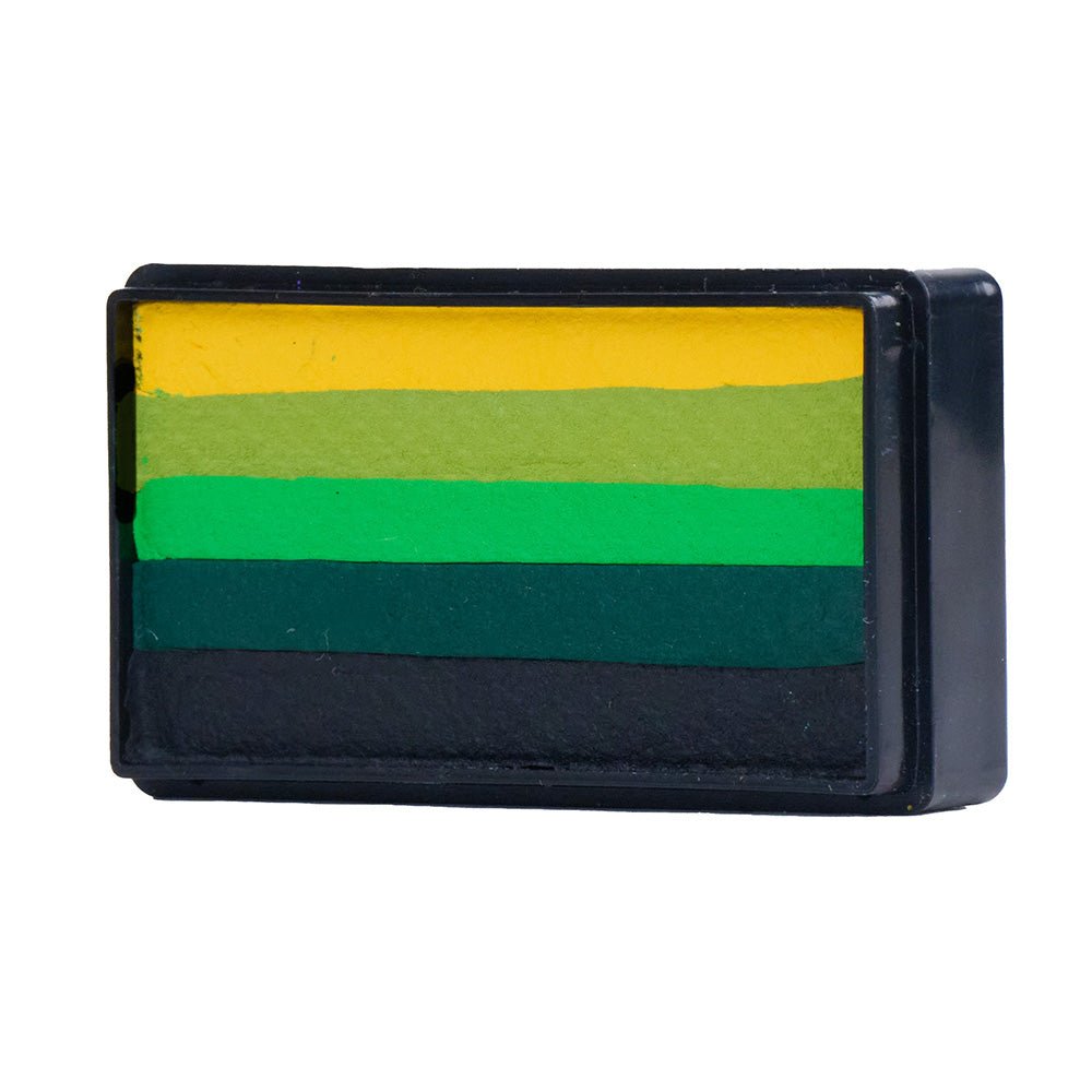 Compact, multi-color face paint cakes for brush application, ideal for vibrant, detailed designs in one stroke.