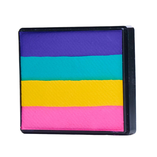 Image of a Rainbow Face Paint Cake featuring a palette of bright colors arranged in stripes. Designed for easy application, this face paint allows artists to create bold, blended, multi-color designs with a single swipe. Ideal for a variety of themes and festive occasions.