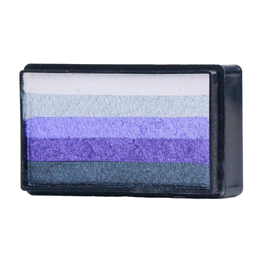 Compact, multi-color face paint cakes for brush application, ideal for vibrant, detailed designs in one stroke.