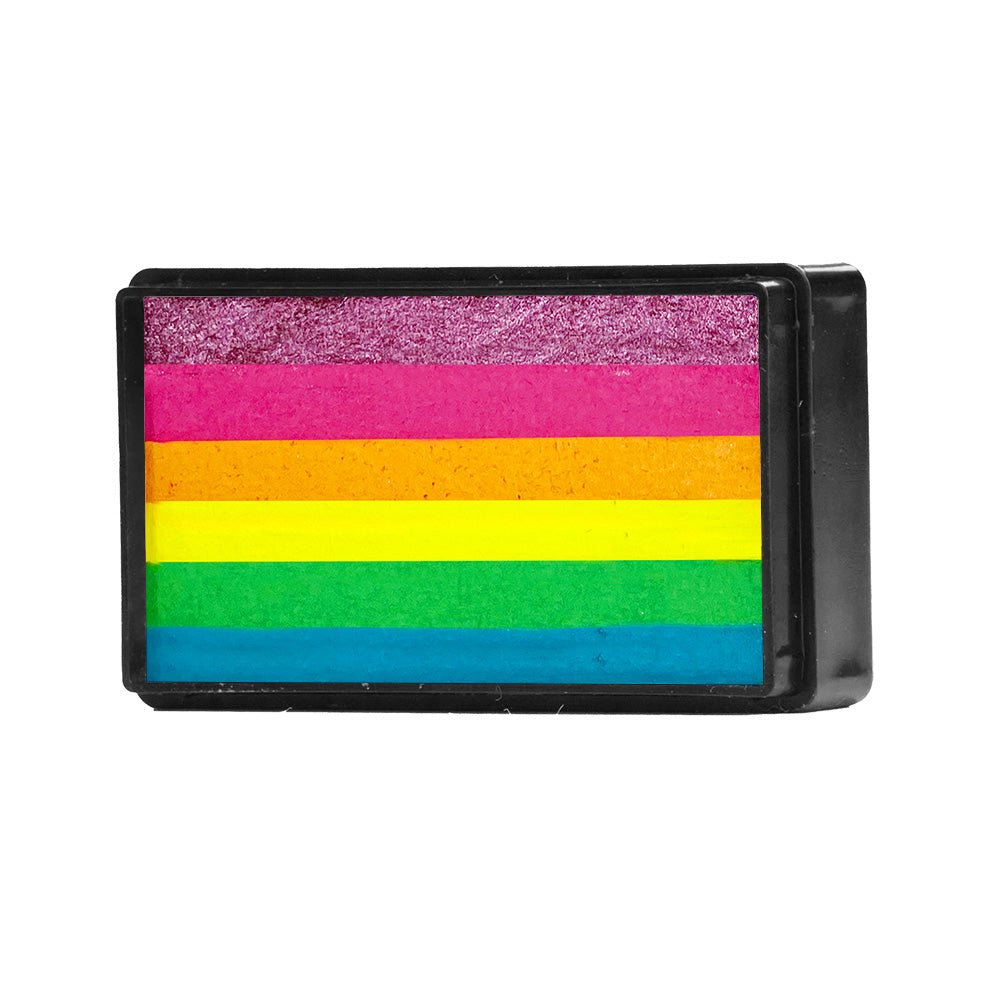 Compact, multi-color face paint cakes for brush application, ideal for vibrant, detailed designs in one stroke.