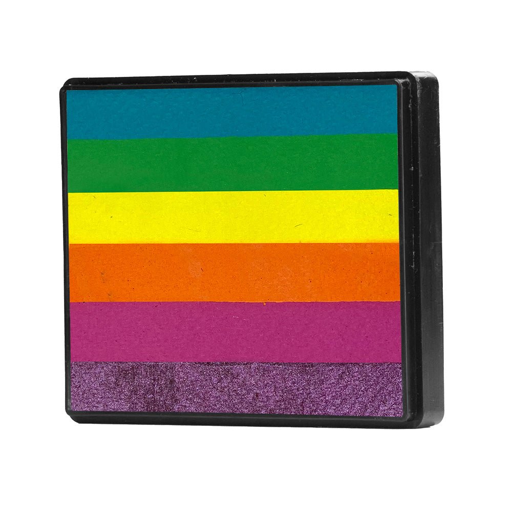 Image of a Rainbow Face Paint Cake featuring a palette of bright colors arranged in stripes. Designed for easy application, this face paint allows artists to create bold, blended, multi-color designs with a single swipe. Ideal for a variety of themes and festive occasions.