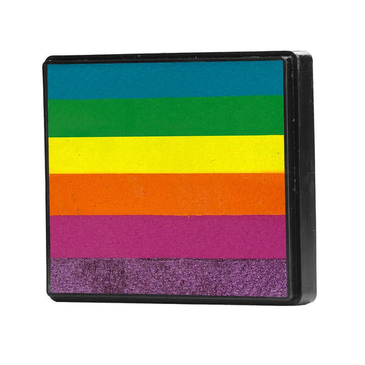 Image of a Rainbow Face Paint Cake featuring a palette of bright colors arranged in stripes. Designed for easy application, this face paint allows artists to create bold, blended, multi-color designs with a single swipe. Ideal for a variety of themes and festive occasions.