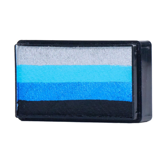 Compact, multi-color face paint cakes for brush application, ideal for vibrant, detailed designs in one stroke.