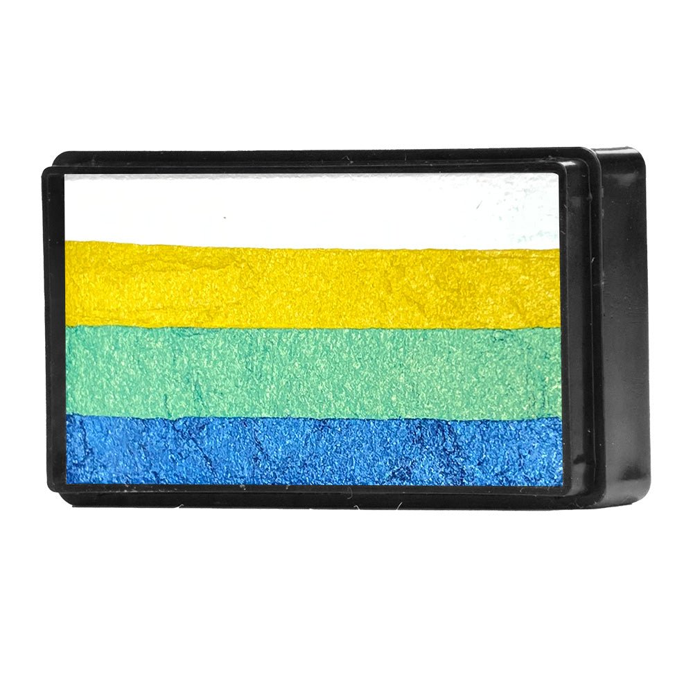 Compact, multi-color face paint cakes for brush application, ideal for vibrant, detailed designs in one stroke.