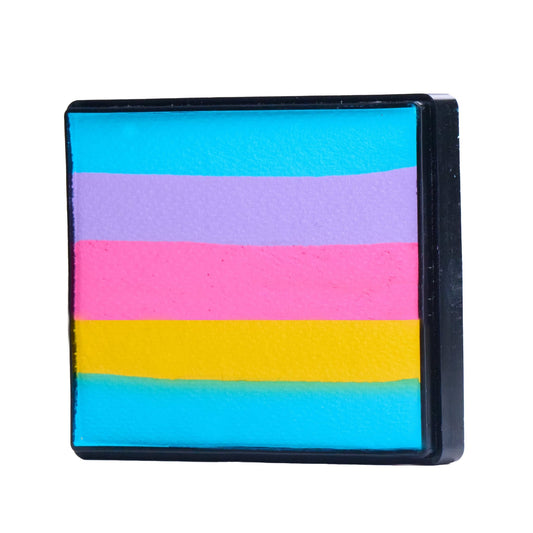 Image of a Rainbow Face Paint Cake featuring a palette of bright colors arranged in stripes. Designed for easy application, this face paint allows artists to create bold, blended, multi-color designs with a single swipe. Ideal for a variety of themes and festive occasions.
