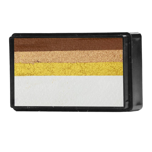 Compact, multi-color face paint cakes for brush application, ideal for vibrant, detailed designs in one stroke.