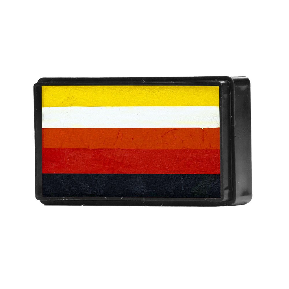 Compact, multi-color face paint cakes for brush application, ideal for vibrant, detailed designs in one stroke.