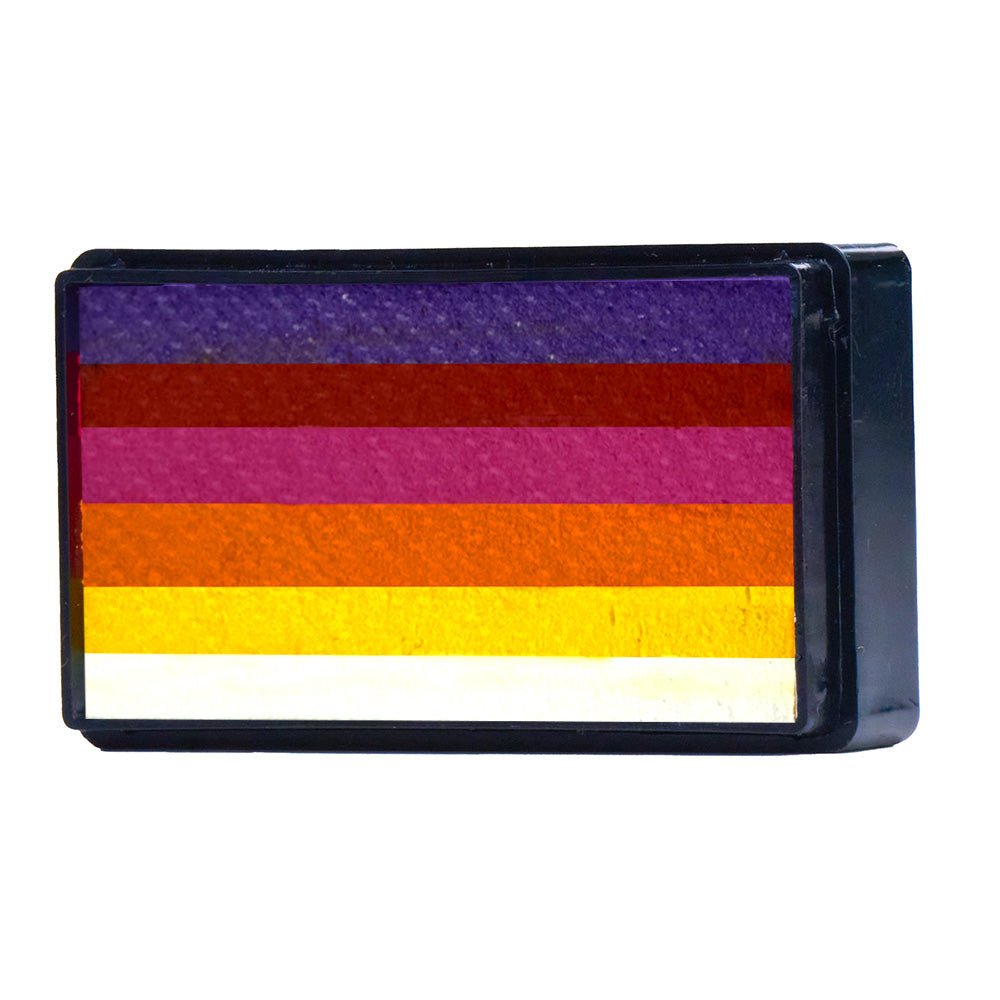 Compact, multi-color face paint cakes for brush application, ideal for vibrant, detailed designs in one stroke.