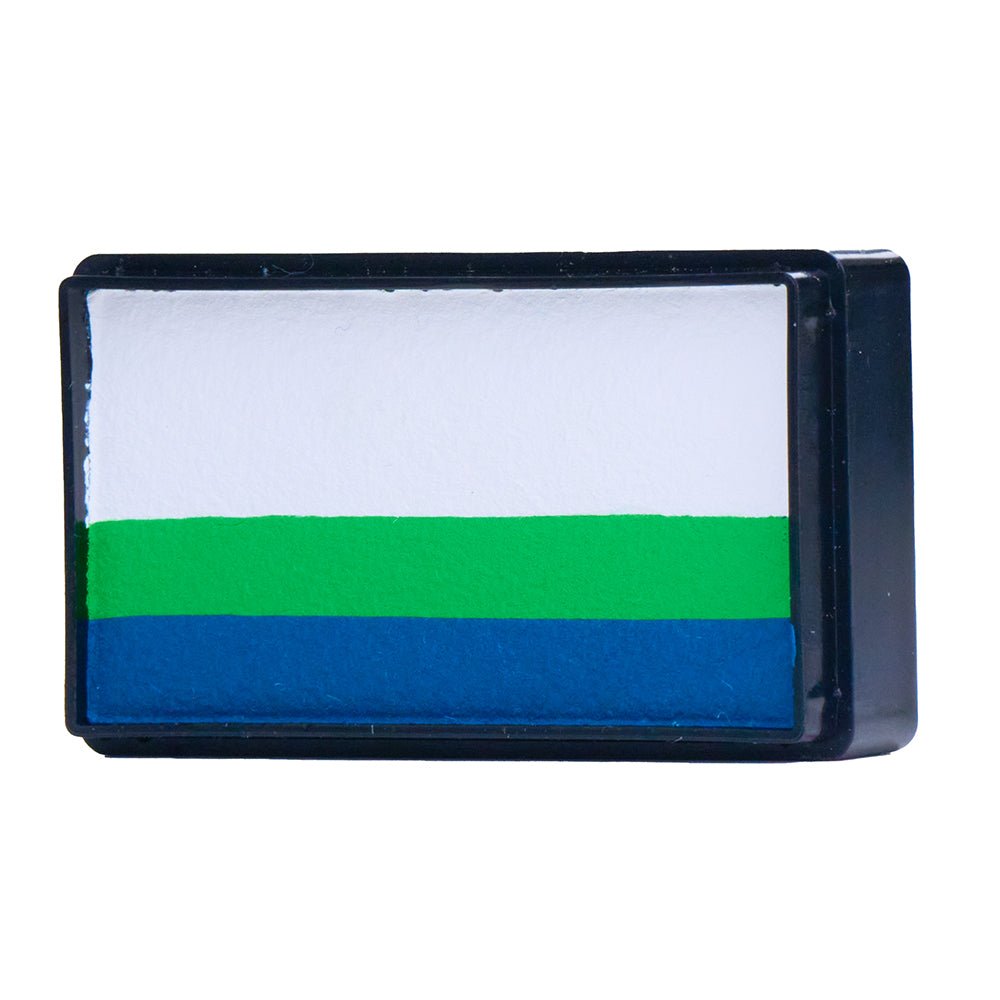 Compact, multi-color face paint cakes for brush application, ideal for vibrant, detailed designs in one stroke.