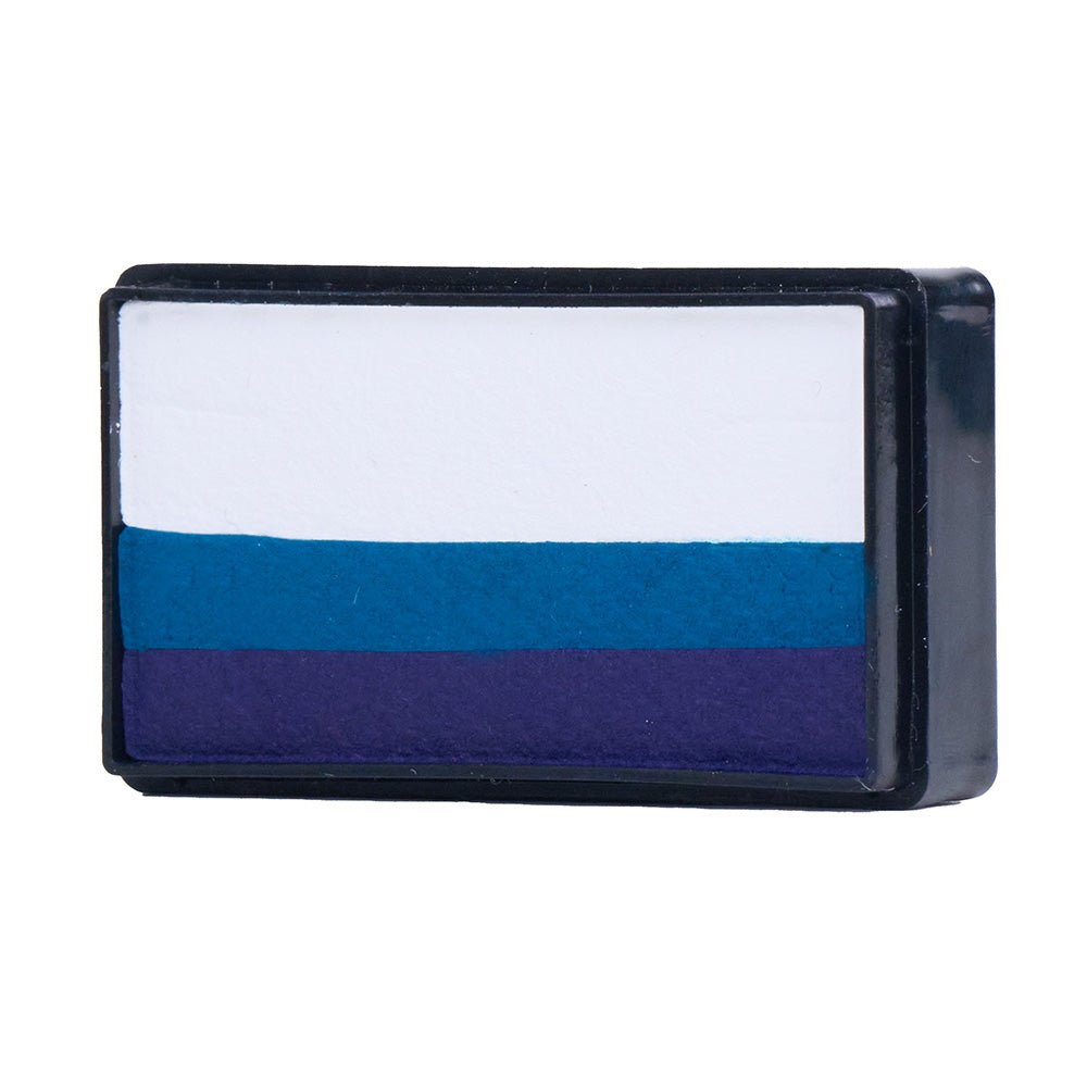 Compact, multi-color face paint cakes for brush application, ideal for vibrant, detailed designs in one stroke.