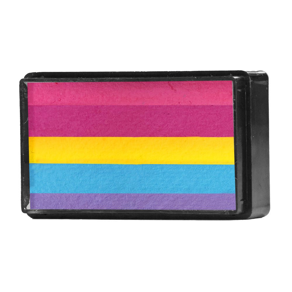 Compact, multi-color face paint cakes for brush application, ideal for vibrant, detailed designs in one stroke.